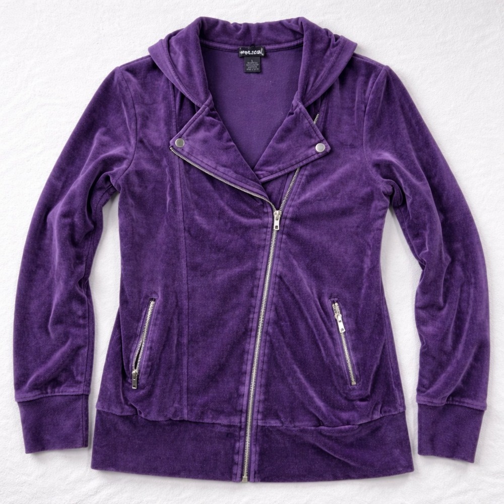 Wet Seal Purple Velour Moto Hoodie Jacket Large Asymmetrical Zip Y2K Streetwear‎